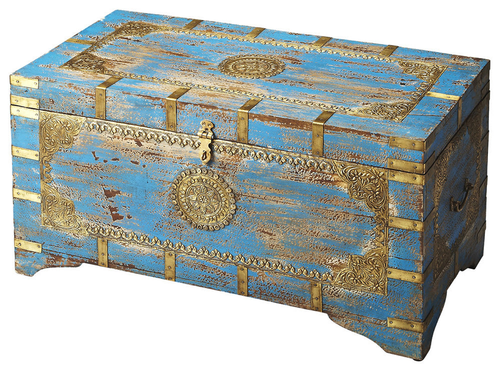 Butler Specialty Company - Artifacts - Neela 31.5 in. W Rectangular Painted Wood & Brass Inlay Storage Trunk, Blue - 3387290
