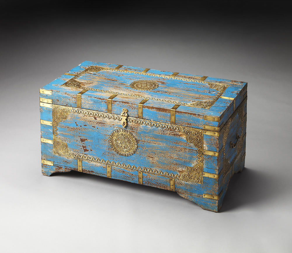 Butler Specialty Company - Artifacts - Neela 31.5 in. W Rectangular Painted Wood & Brass Inlay Storage Trunk, Blue - 3387290