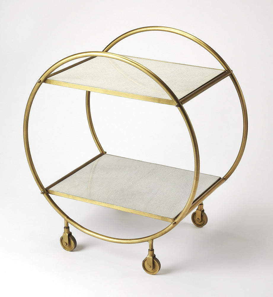 Butler Specialty Company - Orian 24 in. W Marble & Metal 2 Tier Bar Cart with Wheels, White/Gold - 4417389