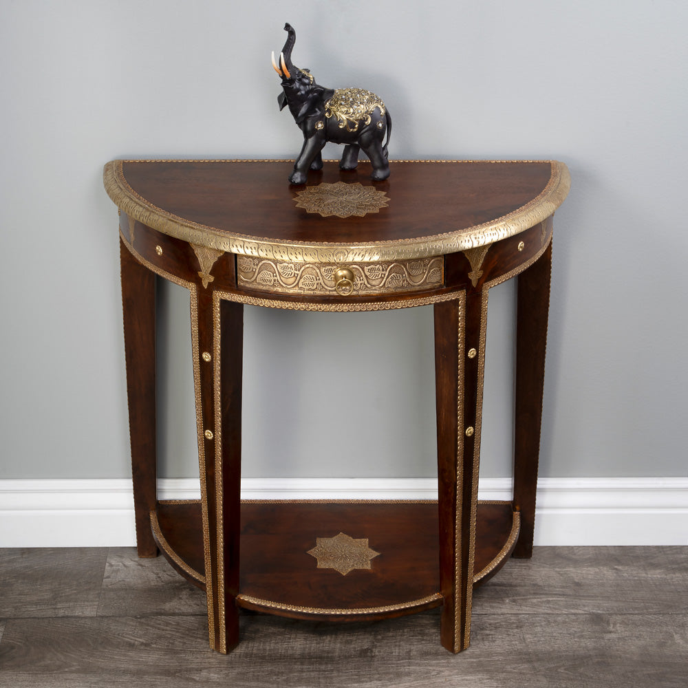 Butler Specialty Company - Artifacts - Ranthore 30 in. W Demilune Wood & Brass Foil 1 Drawer Console Table, Dark Brown - 2054290