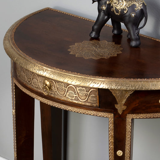 Butler Specialty Company - Artifacts - Ranthore 30 in. W Demilune Wood & Brass Foil 1 Drawer Console Table, Dark Brown - 2054290