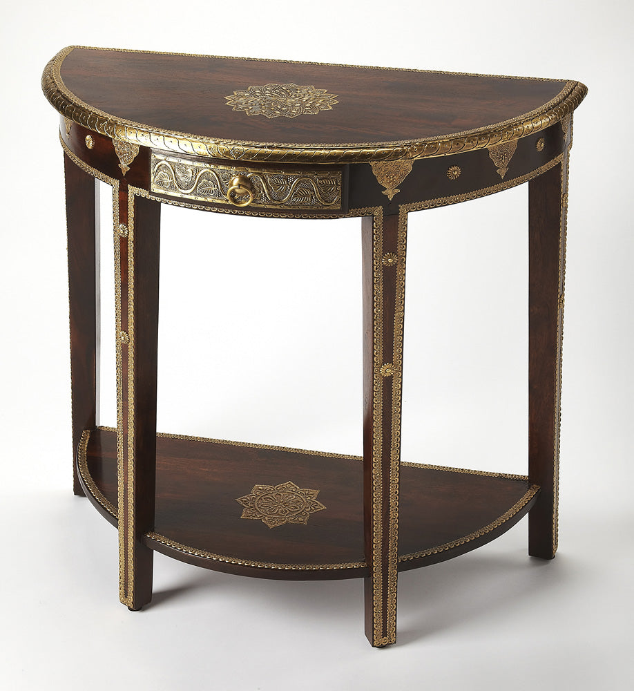 Butler Specialty Company - Artifacts - Ranthore 30 in. W Demilune Wood & Brass Foil 1 Drawer Console Table, Dark Brown - 2054290