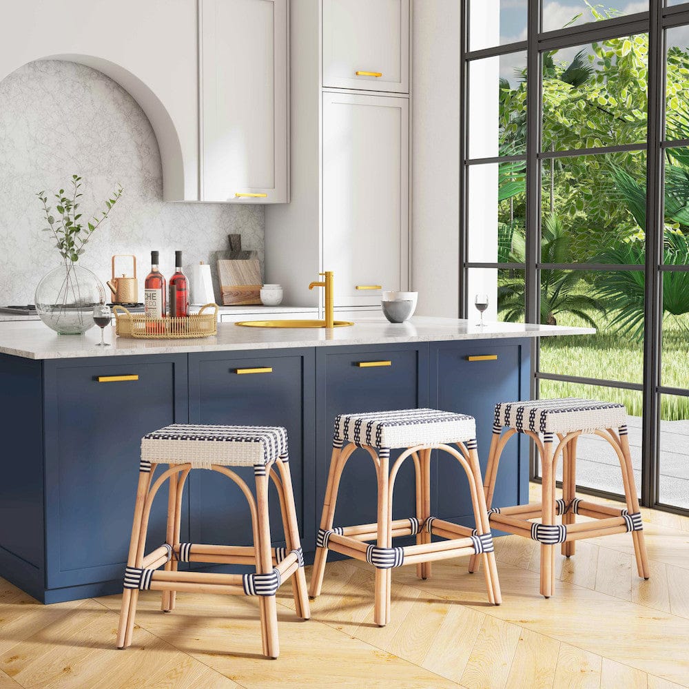 Butler Specialty Company - Robias 24.5 in. Seat Height Rectangular Rattan Backless Counter Height Stool, White and Navy Stripe - 5513372 view 5