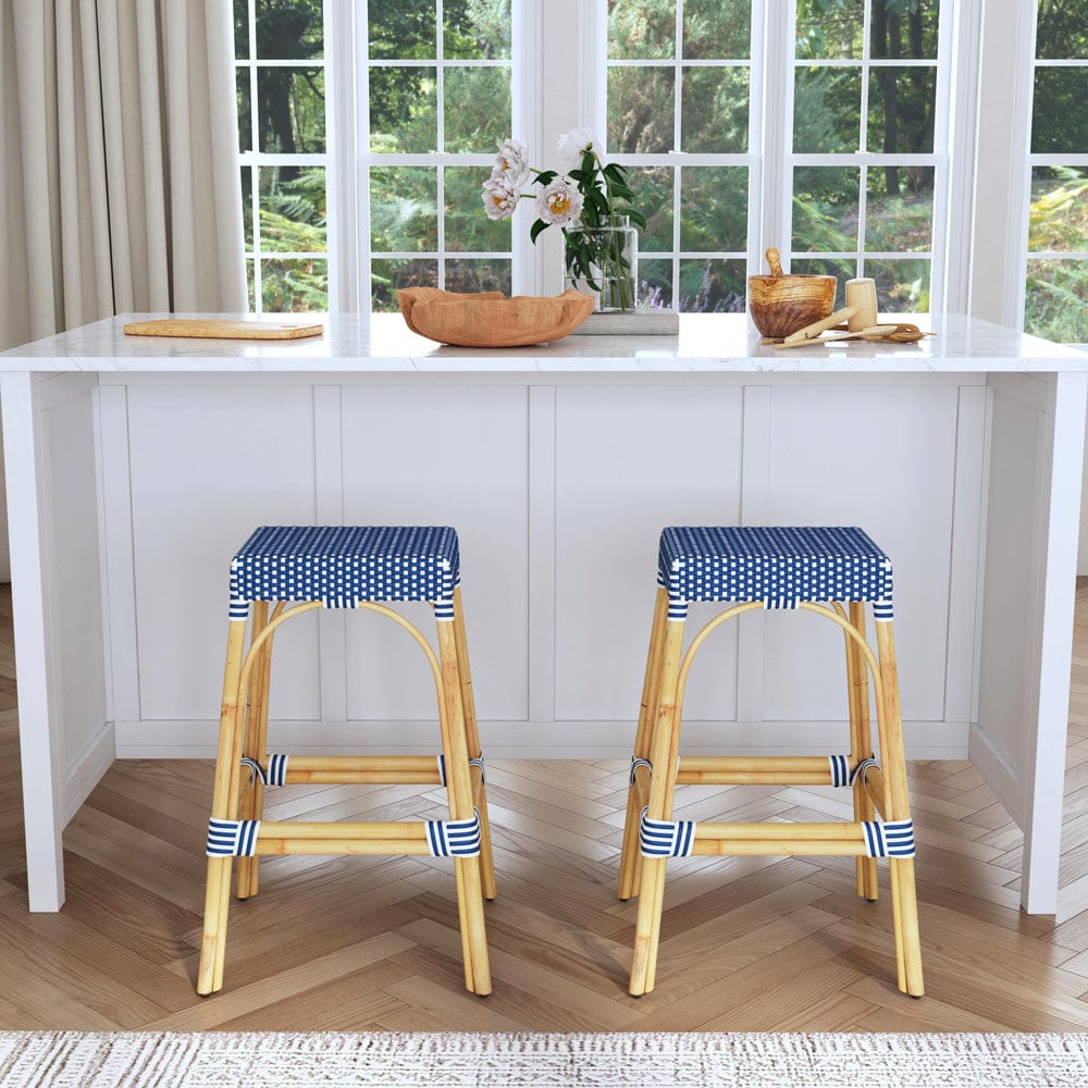 Butler Specialty Company - Robias 30 in. Seat Height Rectangular Rattan Bar Height Backless Stool with Footrest, Blue/White Dot - 5604303_CLOSEOUT