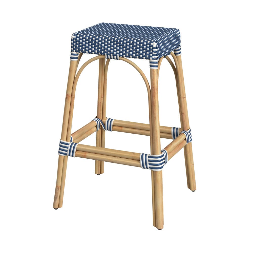 Butler Specialty Company - Robias 30 in. Seat Height Rectangular Rattan Bar Height Backless Stool with Footrest, Blue/White Dot - 5604303_CLOSEOUT