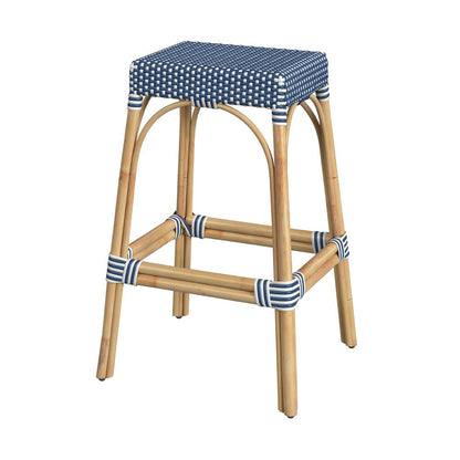 Butler Specialty Company - Robias 30 in. Seat Height Rectangular Rattan Bar Height Backless Stool with Footrest, Blue/White Dot - 5604303_CLOSEOUT