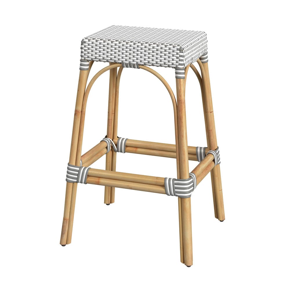 Butler Specialty Company - Robias 30 in. Seat Height Rectangular Rattan Bar Height Backless Stool with Footrest, Gray/White Dot - 5604266