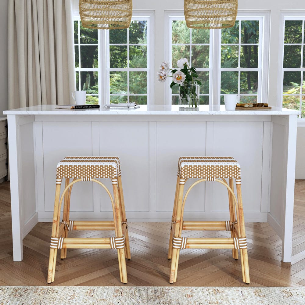 Butler Specialty Company - Robias 30 in. Seat Height Rectangular Rattan Bar Height Backless Stool with Footrest, Tan/White Dot - 5604984