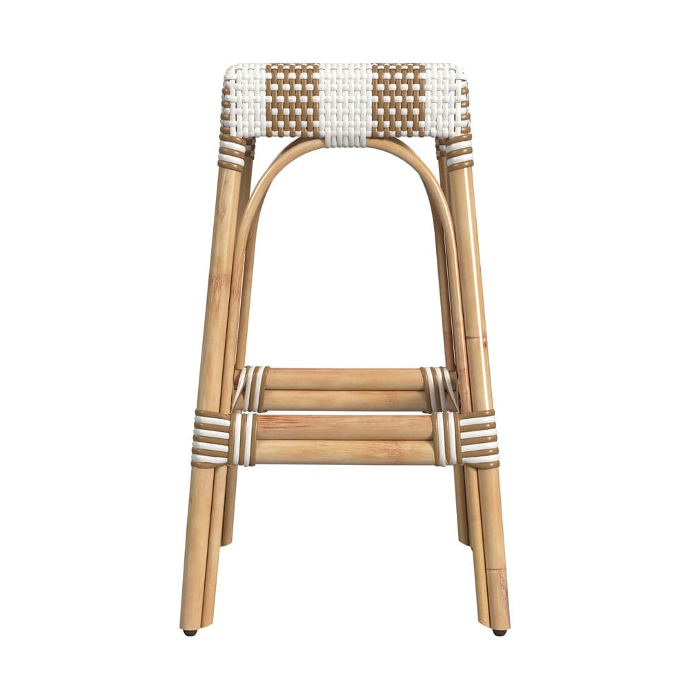 Butler Specialty Company - Robias 30 in. Seat Height Rectangular Rattan Bar Height Backless Stool with Footrest, Tan/White Dot - 5604984