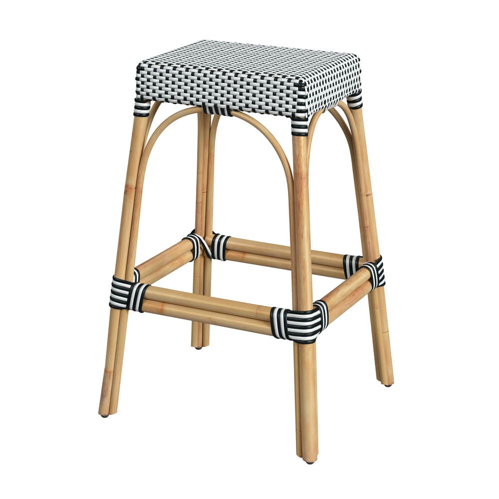 Butler Specialty Company - Robias 30 in. Seat Height Rectangular Rattan Bar Height Backless Stool with Footrest, White/Black Dot - 5604295_CLOSEOUT