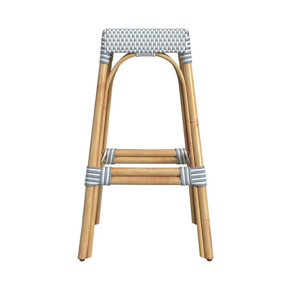 Butler Specialty Company - Robias 30 in. Seat Height Rectangular Rattan Bar Height Backless Stool with Footrest, White/Sky Blue Dot - 5604194