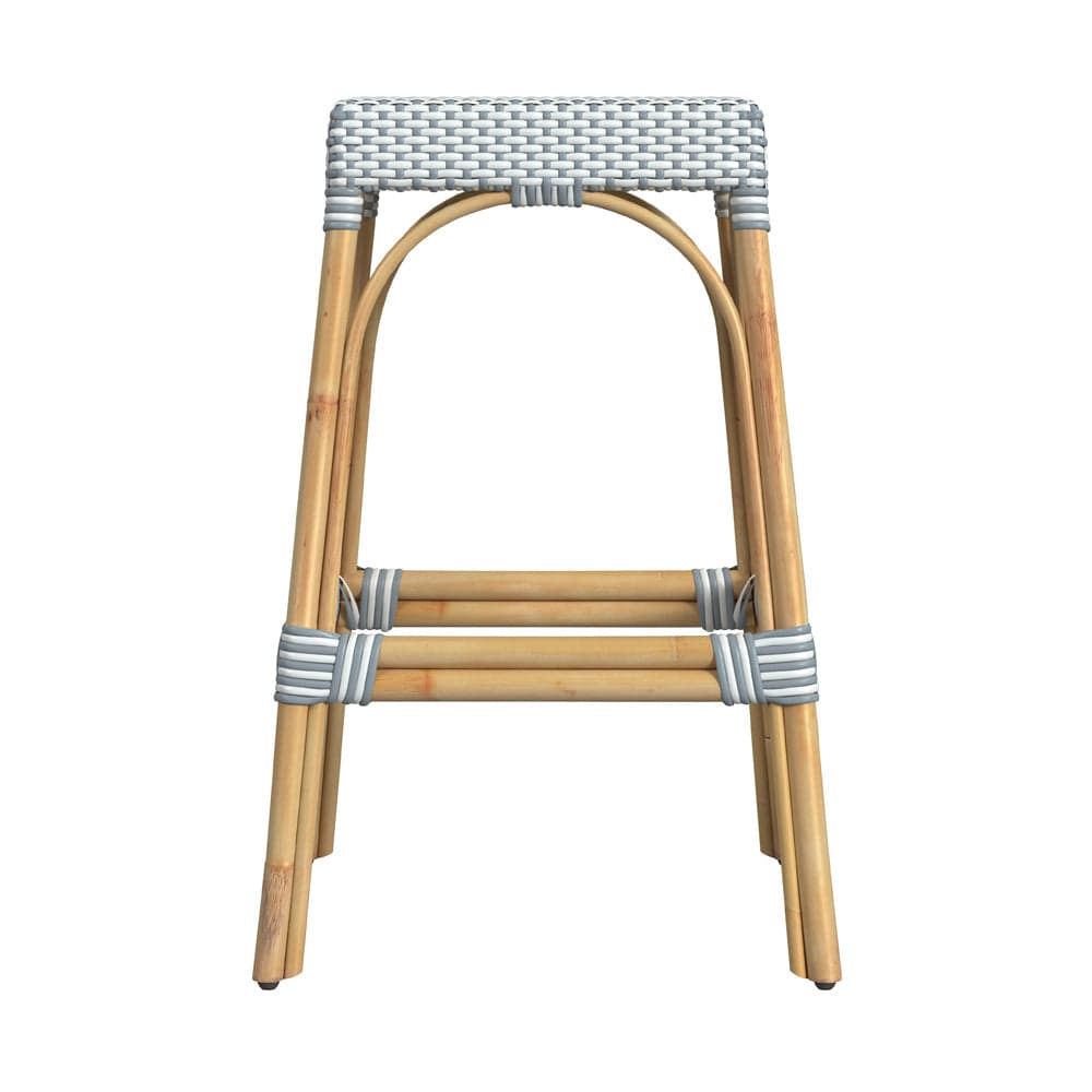 Butler Specialty Company - Robias 30 in. Seat Height Rectangular Rattan Bar Height Backless Stool with Footrest, White/Sky Blue Dot - 5604194