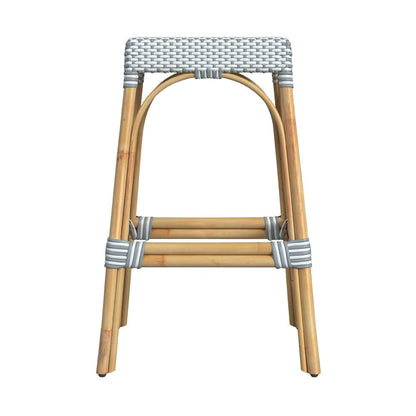 Butler Specialty Company - Robias 30 in. Seat Height Rectangular Rattan Bar Height Backless Stool with Footrest, White/Sky Blue Dot - 5604194