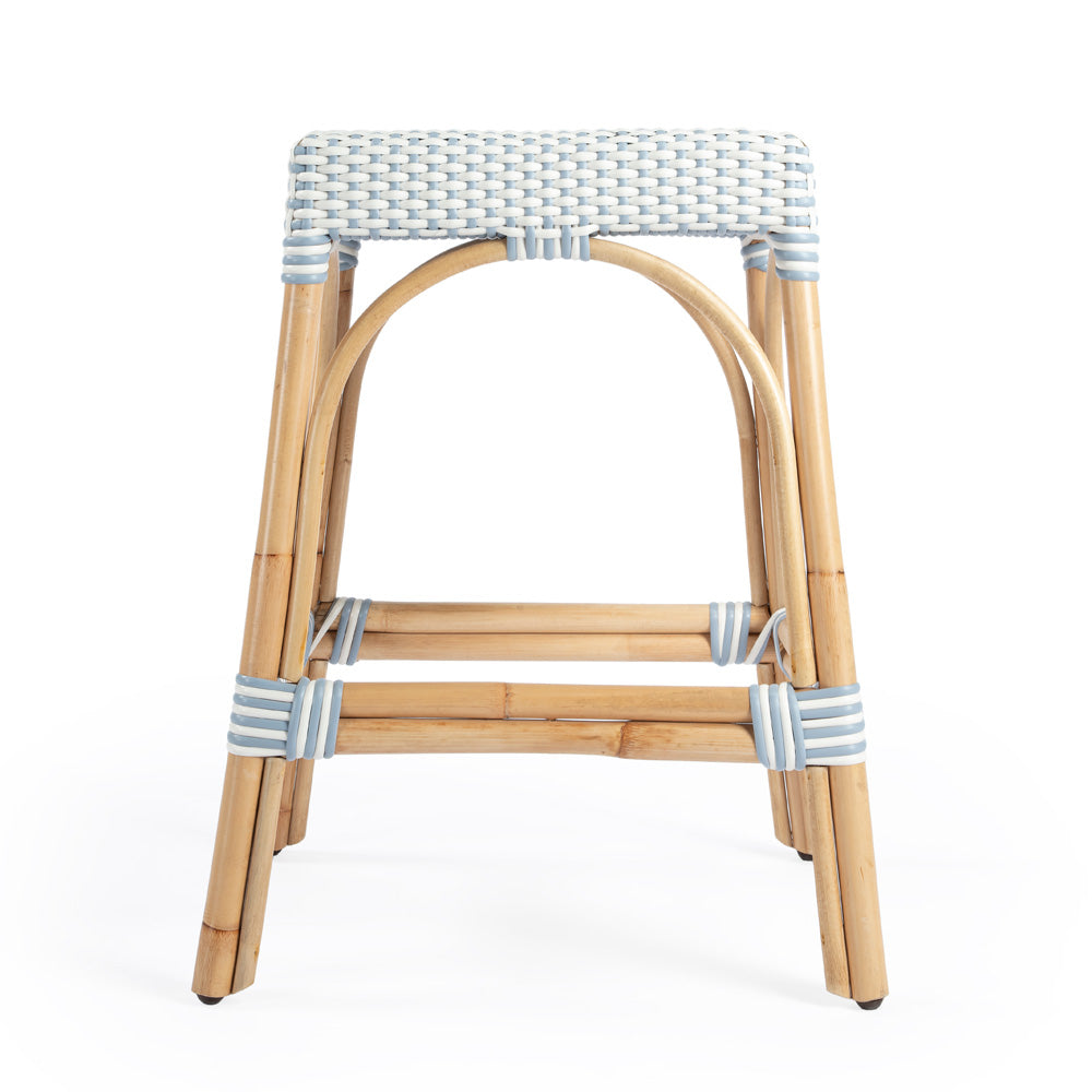 Butler Specialty Company - Robias 24.5 in. Seat Height Rectangular Rattan Backless Counter Height Stool, White and Sky Blue Dot - 5513194