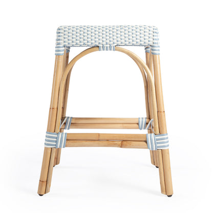 Butler Specialty Company - Robias 24.5 in. Seat Height Rectangular Rattan Backless Counter Height Stool, White and Sky Blue Dot - 5513194