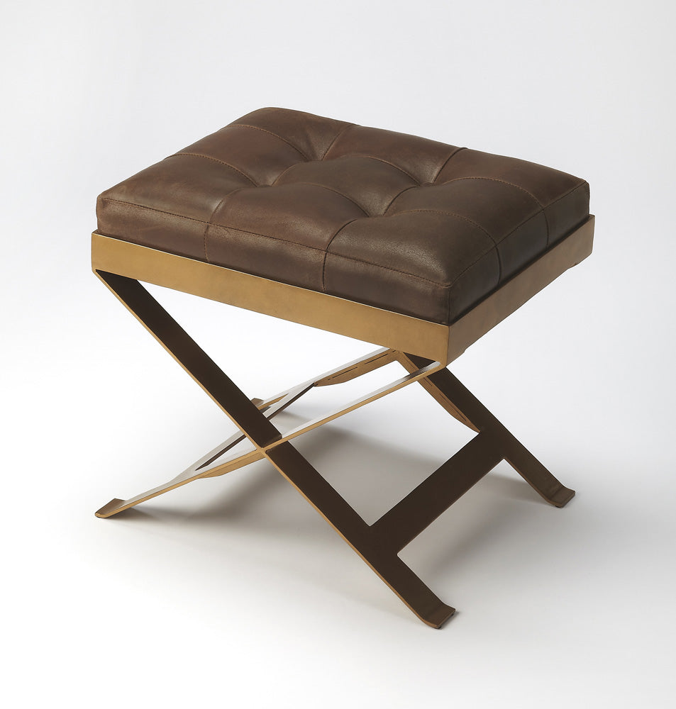 Butler Specialty Company - Rodrigo 18 in. Seat Height Rectangular Upholstered Leather & Iron Stool, Medium Brown - 3644140