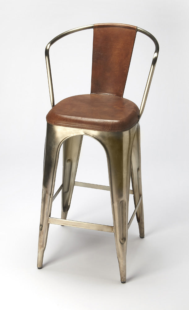Butler Specialty Company - Roland 30 in. Seat Height Leather & Iron Bar Height Stool with Back & Footrest, Medium Brown - 6130344_CLOSEOUT