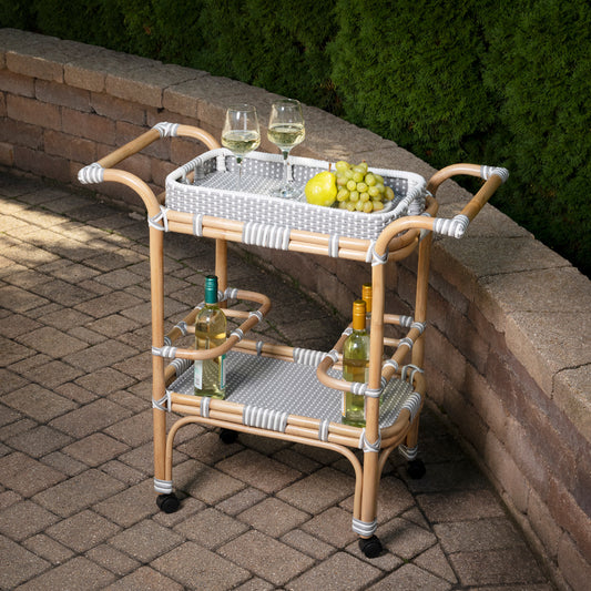 Butler Specialty Company - Selena Indoor/Outdoor 34.5 in. W Rattan 2 Tier Bar/Serving Cart with Removeable Tray Top, Gray/White/Natural - 5397266