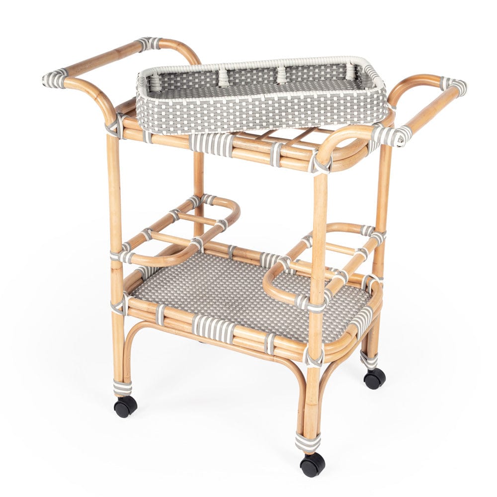 Butler Specialty Company - Selena Indoor/Outdoor 34.5 in. W Rattan 2 Tier Bar/Serving Cart with Removeable Tray Top, Gray/White/Natural - 5397266