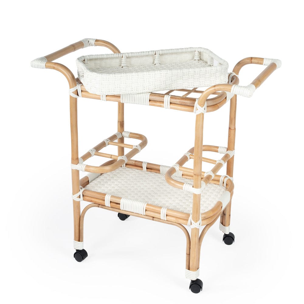 Butler Specialty Company - Selena Indoor/Outdoor 34.5 in. W Rattan 2 Tier Bar/Serving Cart with Removeable Tray Top, White - 5397304