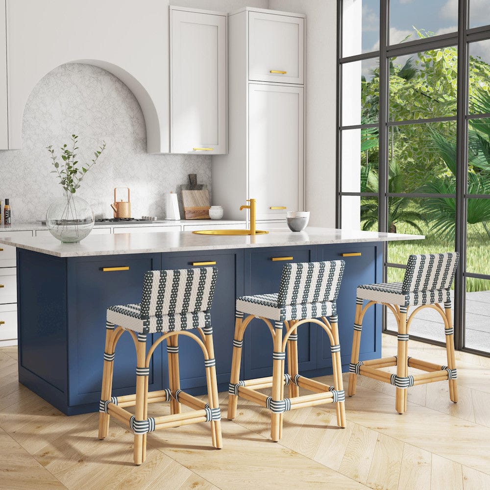Butler Specialty Company - Serienna 24.5 in. Seat Height Rectangular Rattan Low Back Counter Height Stool, White and Navy Stripe - 5585372 view 6
