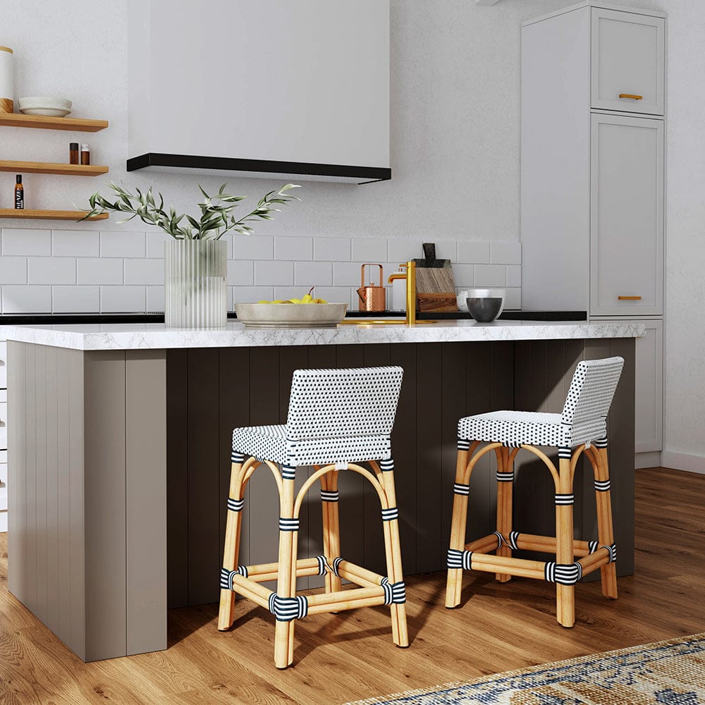 Butler Specialty Company - Serienna 24.5 in. Seat Height Rectangular  Rattan Low Back Counter Stool, White and Navy Dot - 5585291 View 5