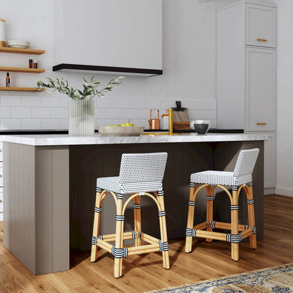 Butler Specialty Company - Serienna 24.5 in. Seat Height Rectangular  Rattan Low Back Counter Stool, White and Navy Dot - 5585291 view 6