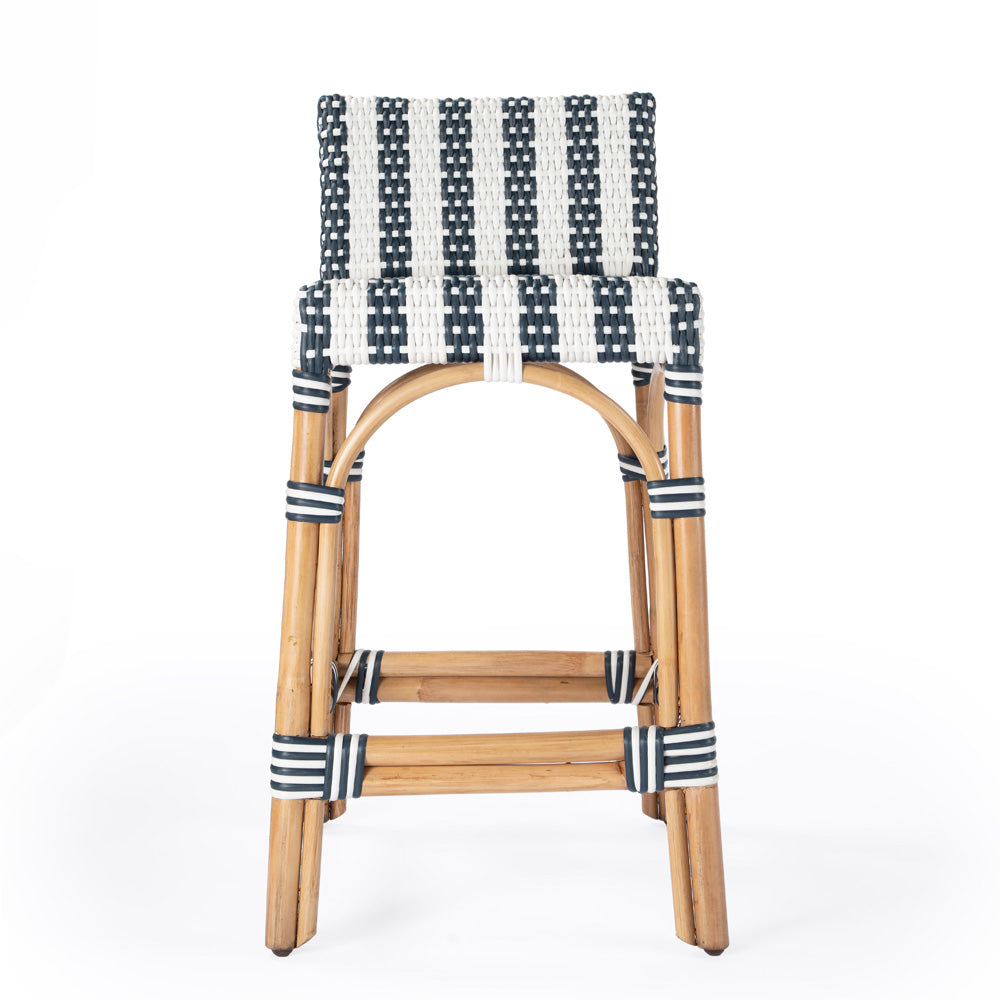 Butler Specialty Company - Serienna 24.5 in. Seat Height Rectangular Rattan Low Back Counter Height Stool, White and Navy Stripe - 5585372