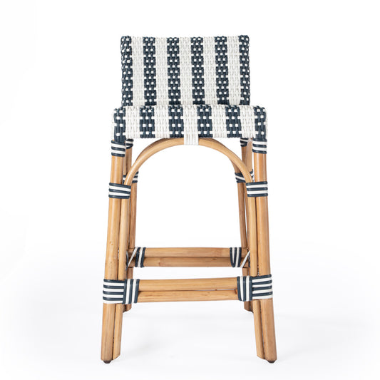 Butler Specialty Company - Serienna 24.5 in. Seat Height Rectangular Rattan Low Back Counter Height Stool, White and Navy Stripe - 5585372