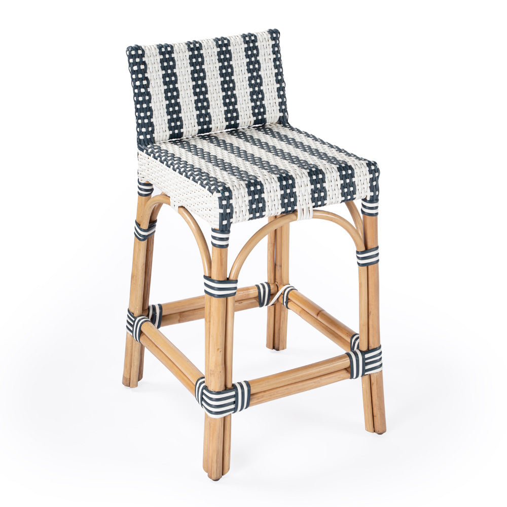 Butler Specialty Company - Serienna 24.5 in. Seat Height Rectangular Rattan Low Back Counter Height Stool, White and Navy Stripe - 5585372