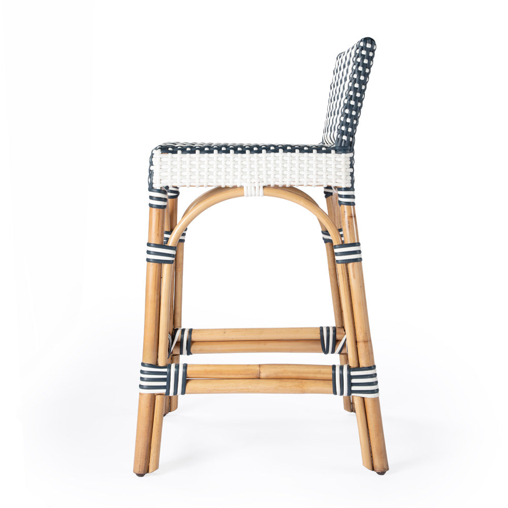 Butler Specialty Company - Serienna 24.5 in. Seat Height Rectangular Rattan Low Back Counter Height Stool, White and Navy Stripe - 5585372