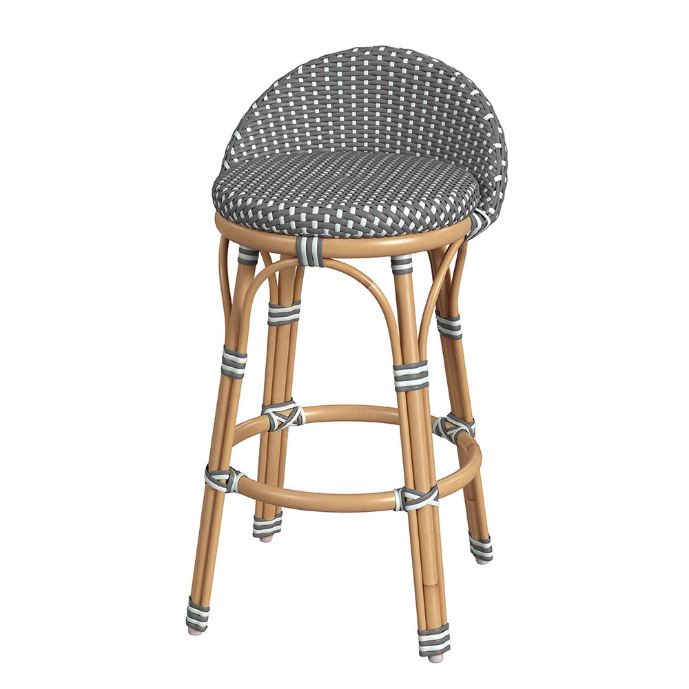 Butler Specialty Company - Tobias 24.5 in. Seat Height Outdoor Rattan and Metal Low Back Counter Stool, Gray and White Dot - 5649329 View 1