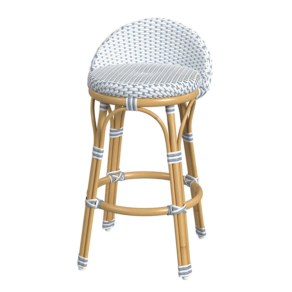 Butler Specialty Company - Tobias 24.5 in. Seat Height Outdoor Rattan and Metal Low Back Counter Stool, White and Sky Blue Dot - 5649194 View 1