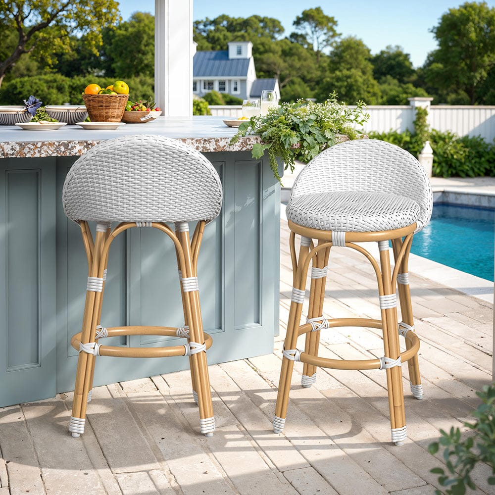 Butler Specialty Company - Tobias 24.5 in. Seat Height Outdoor Rattan and Metal Low Back Counter Stool, White and Sky Blue Dot - 5649194 View 6