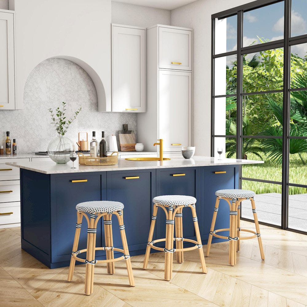 Butler Specialty Company - Tobias 24 in. Seat Height Rattan Round Backless Counter Height Stool with Footrest, Navy/White Dot - 9371222 view 7