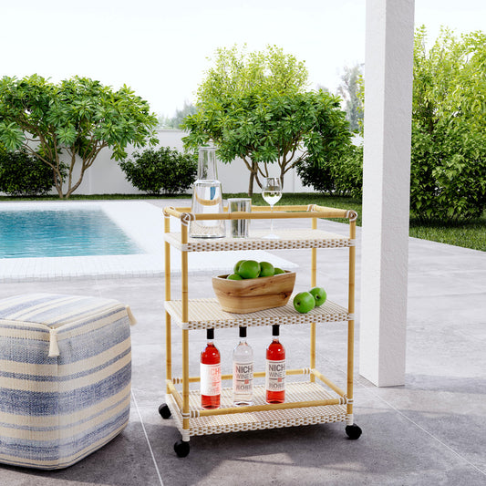 Butler Specialty Company - Tobias Indoor/Outdoor 24 in. W Rattan & Metal 3 Tier Mobile Bar/Serving Cart, Beige/White - 5651433
