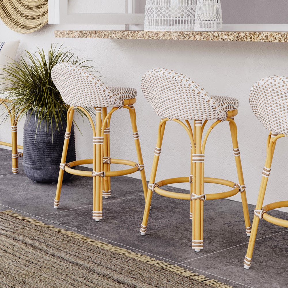 Butler Specialty Company - Tobias Indoor/Outdoor 24 in. Seat Height Rattan & Metal Low Back Counter Height Stool, Beige/White - 5649433