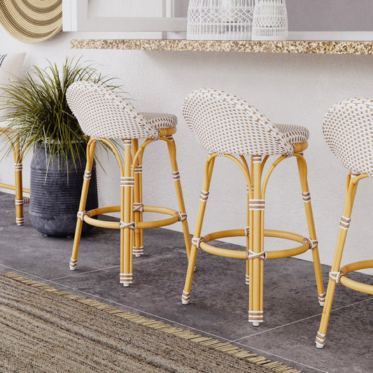Butler Specialty Company - Tobias Indoor/Outdoor 24 in. Seat Height Rattan & Metal Low Back Counter Height Stool, Beige/White - 5649433