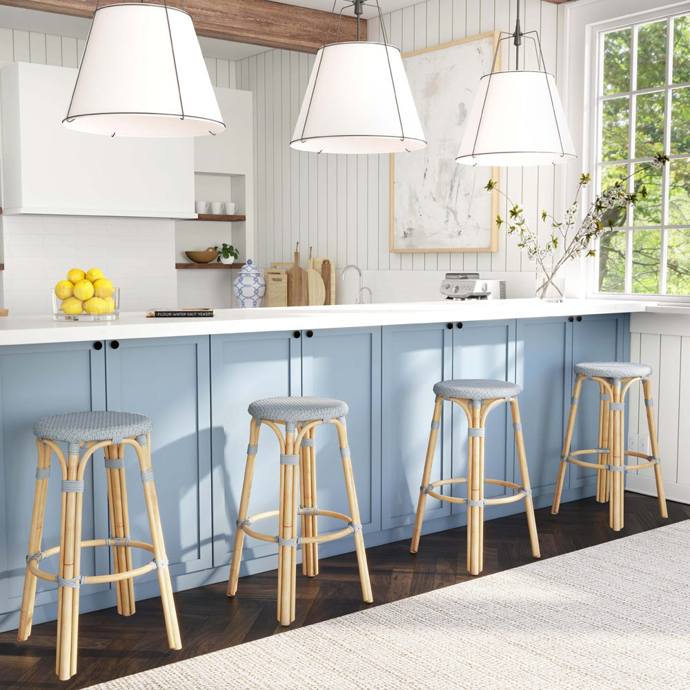 Butler Specialty Company - Tobias 30 in. Seat Height Rattan Round Backless Bar Height Stool with Footrest, Baby Blue - 9370341