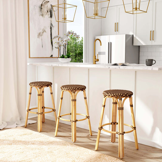 Butler Specialty Company - Tobias 30 in. Seat Height Rattan Round Backless Bar Height Stool with Footrest, Brown/Tan Dot - 9370354