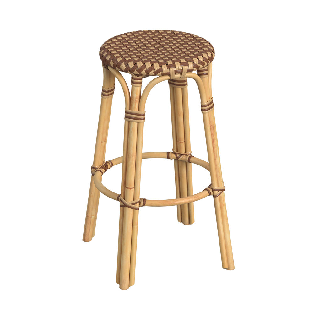 Butler Specialty Company - Tobias 30 in. Seat Height Rattan Round Backless Bar Height Stool with Footrest, Brown/Tan Dot - 9370354