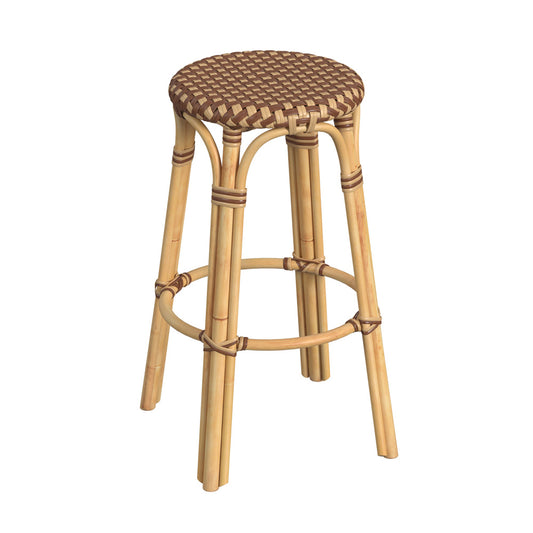 Butler Specialty Company - Tobias 30 in. Seat Height Rattan Round Backless Bar Height Stool with Footrest, Brown/Tan Dot - 9370354