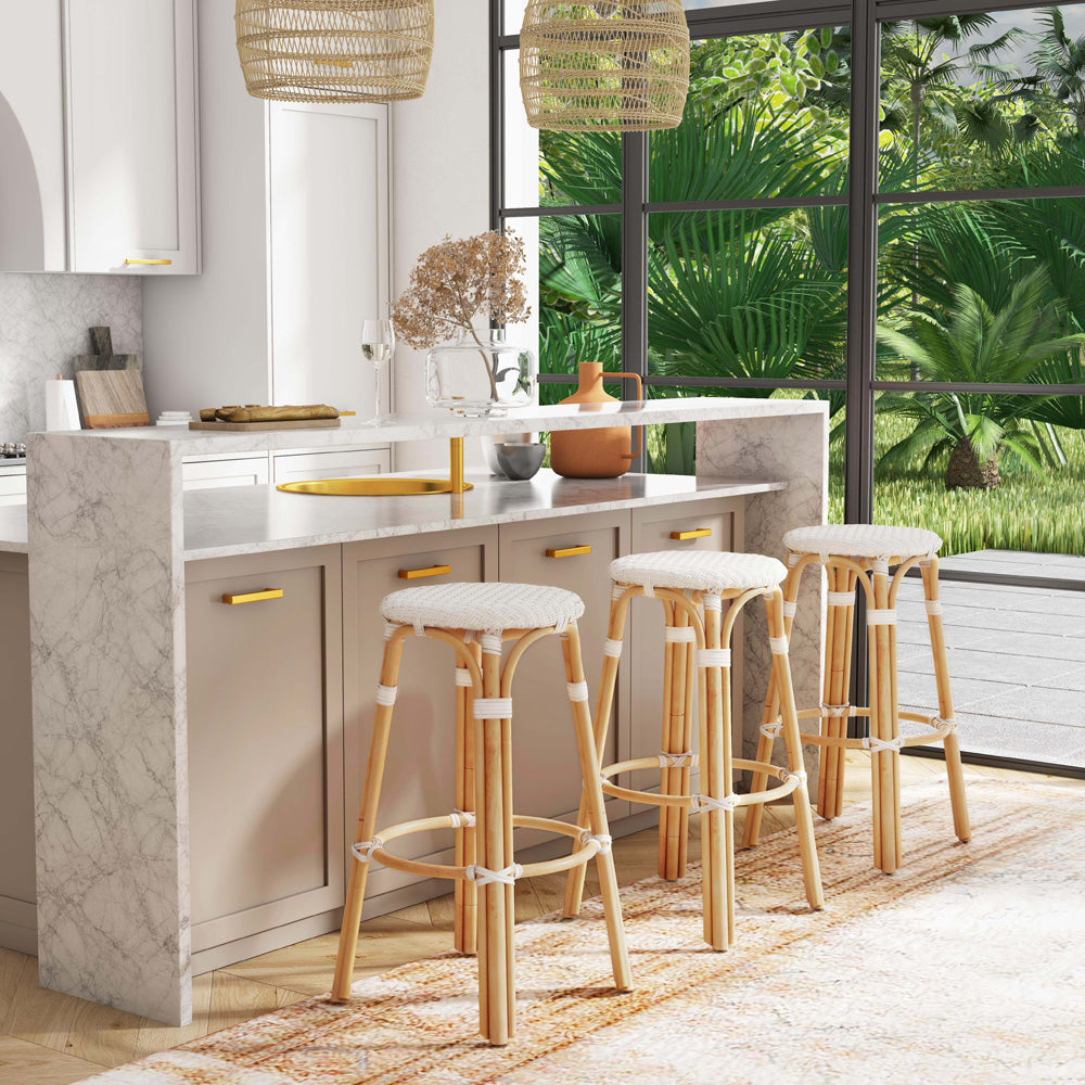 Butler Specialty Company - Tobias 30 in. Seat Height Rattan Round Backless Bar Height Stool with Footrest, Glossy White - 9370304