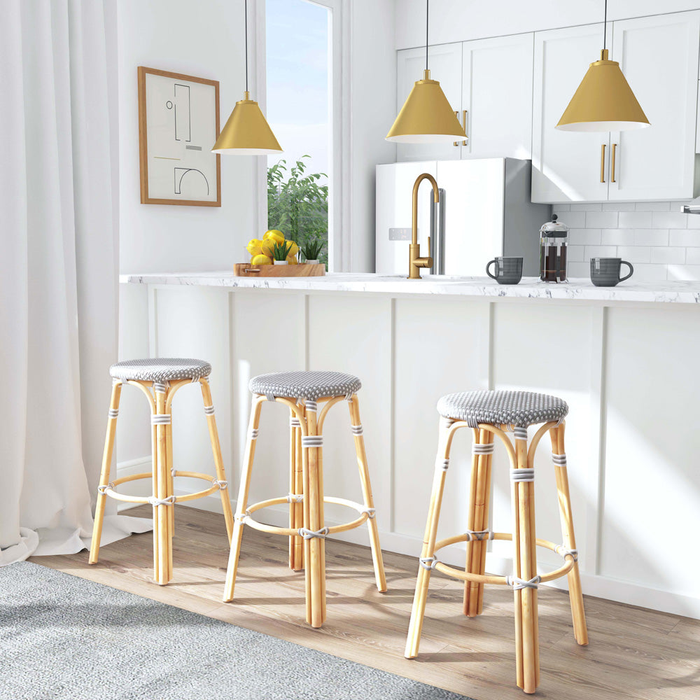 Butler Specialty Company - Tobias 30 in. Seat Height Rattan Round Backless Bar Height Stool with Footrest, Gray/White Dot - 9370266