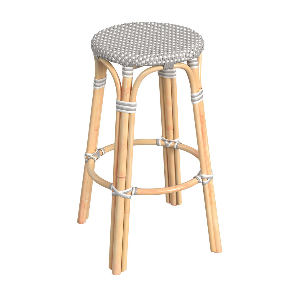 Butler Specialty Company - Tobias 30 in. Seat Height Rattan Round Backless Bar Height Stool with Footrest, Gray/White Dot - 9370266