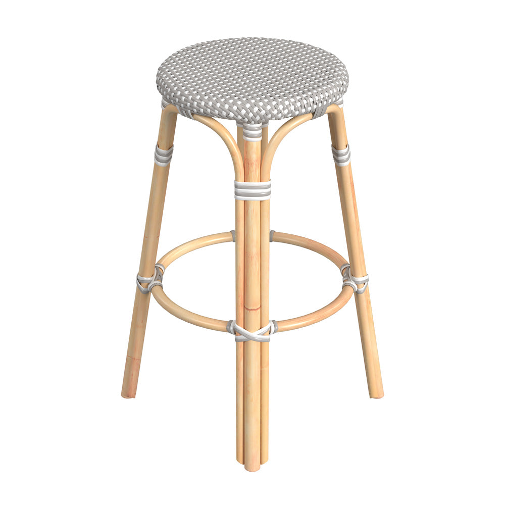 Butler Specialty Company - Tobias 30 in. Seat Height Rattan Round Backless Bar Height Stool with Footrest, Gray/White Dot - 9370266