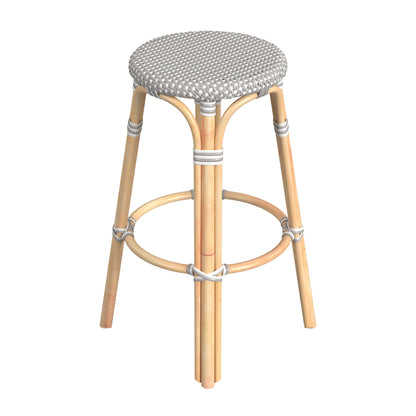 Butler Specialty Company - Tobias 30 in. Seat Height Rattan Round Backless Bar Height Stool with Footrest, Gray/White Dot - 9370266