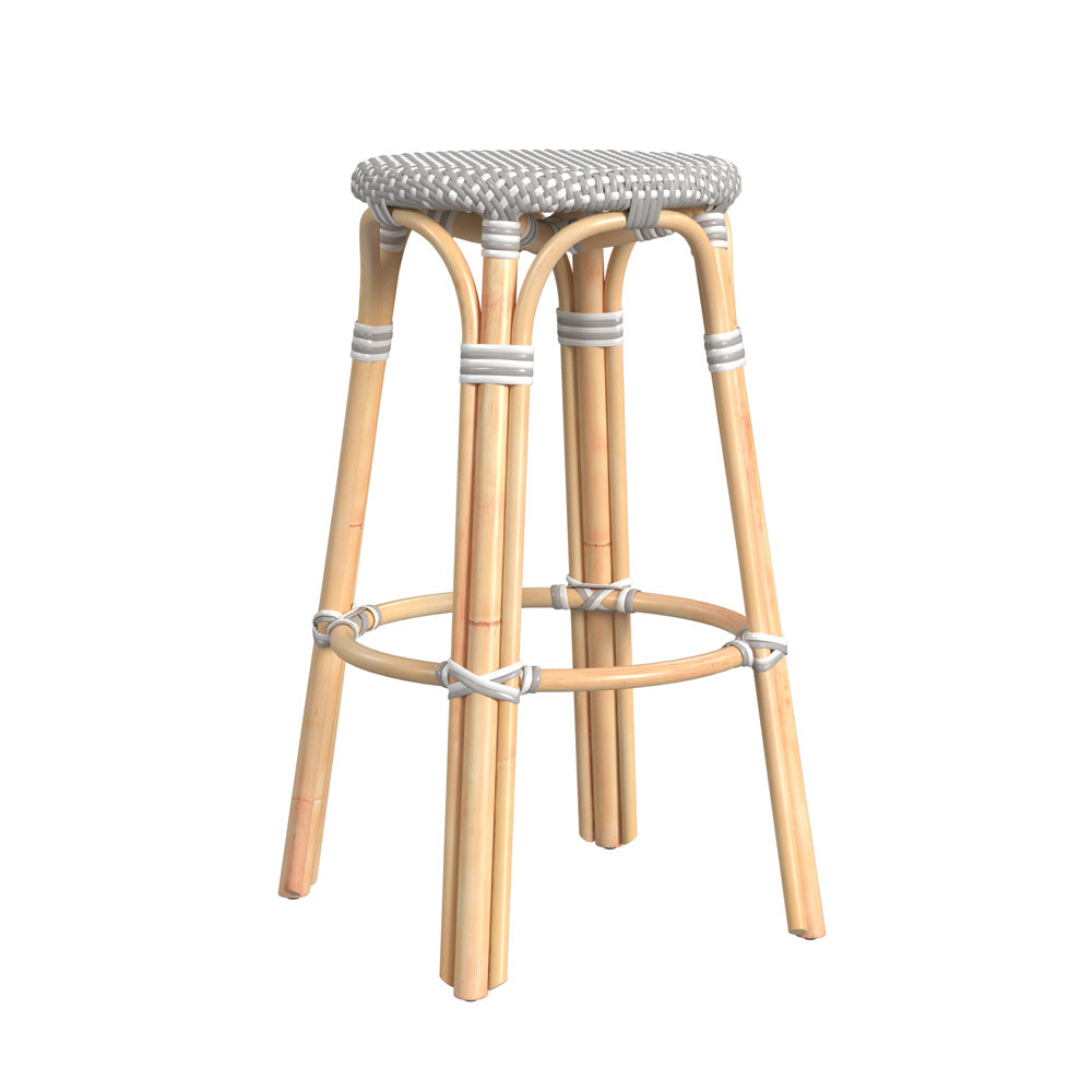 Butler Specialty Company - Tobias 30 in. Seat Height Rattan Round Backless Bar Height Stool with Footrest, Gray/White Dot - 9370266