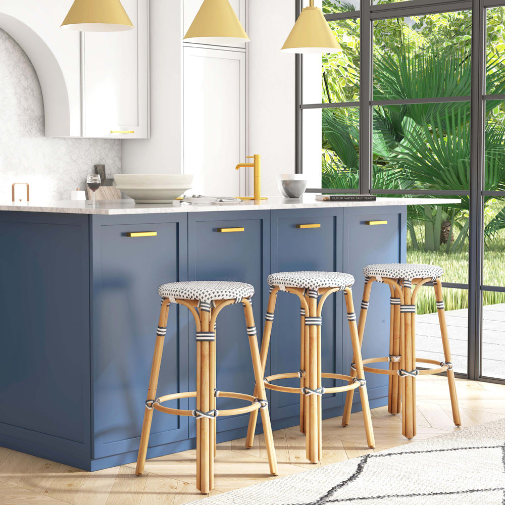 Butler Specialty Company - Tobias 30 in. Seat Height Rattan Round Backless Bar Height Stool with Footrest, Navy/White Dot - 9370222