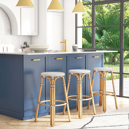 Butler Specialty Company - Tobias 30 in. Seat Height Rattan Round Backless Bar Height Stool with Footrest, Navy/White Dot - 9370222
